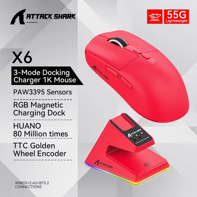 Souris Bluetooth X6 PAW3395, Leic-Mode 2.4, Base de Charge RVB Attack Shark