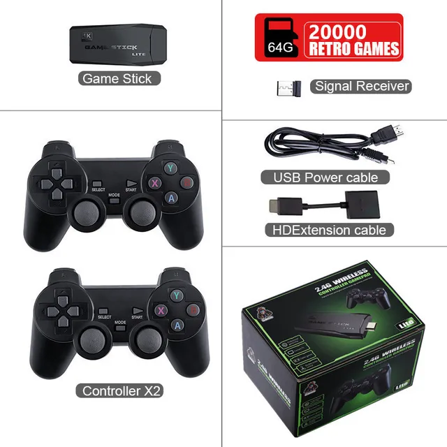 Console de jeu vidéo double manette sans fil, résolution 4K, connexion 2.4G, 20000 jeux inclus, mémoire généreuse de 64 Go, supplémentaires de 32 Go, plongez dans l'univers rétro des jeux sur votre TV !